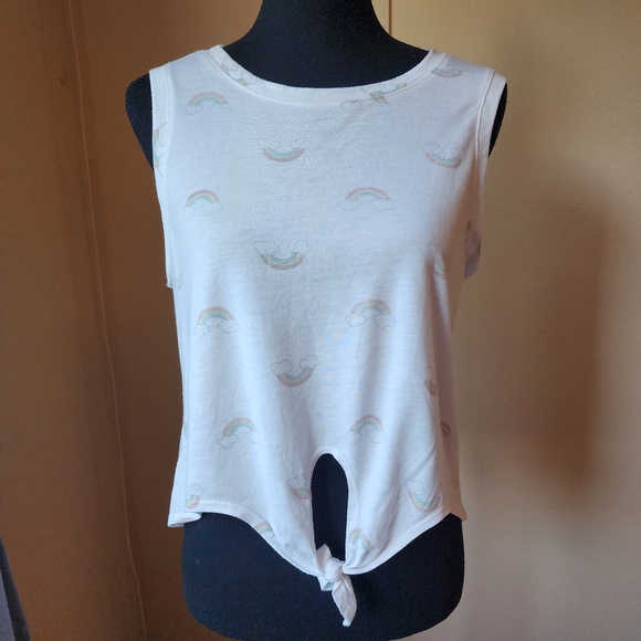 Modern Lux Tops - Modern Lux White Tie Front Tank Top with Subtle Rainbow Pattern